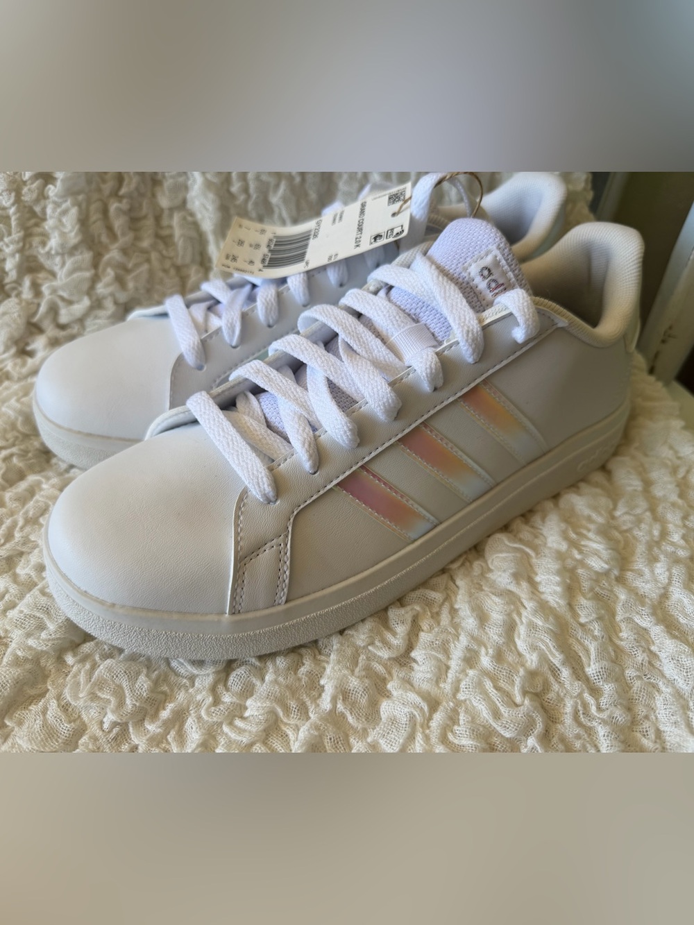 adidas White Women's Grand Court 2.0 Sneaker with Iridescent Stripes